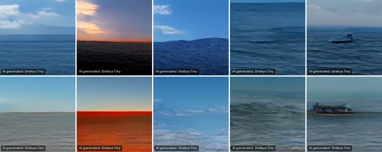 Ten stills from Drishya Tiny clips, two seeds for each of five prompts: a sea under clouds, a sunset over the sea, a ridge under a blue sky, waves breaking, a boat on the sea