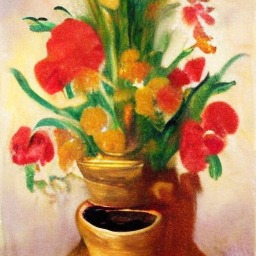 A painted bouquet of red and orange flowers in a vase