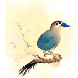 A watercolour of a blue bird perched on a branch