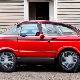 A red hatchback parked in front of a house
