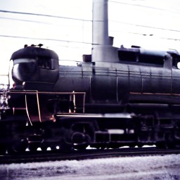 A black steam locomotive beside a platform