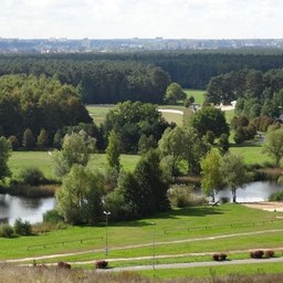 A photo of a park with trees, a lake and paths seen from above