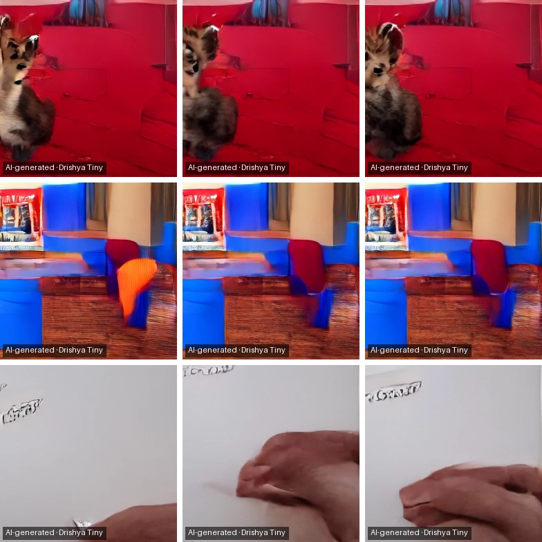 Three rows of three frames: a cat-like animal alone on a red sofa; a red and blue blur on a table with no cup or book; a hand on a whiteboard with scribbles instead of a word
